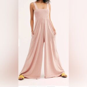 FREE PEOPLE PINK SLEEVELESS SMOCKED WIDE LEG HOMECOMING JUMPSUIT